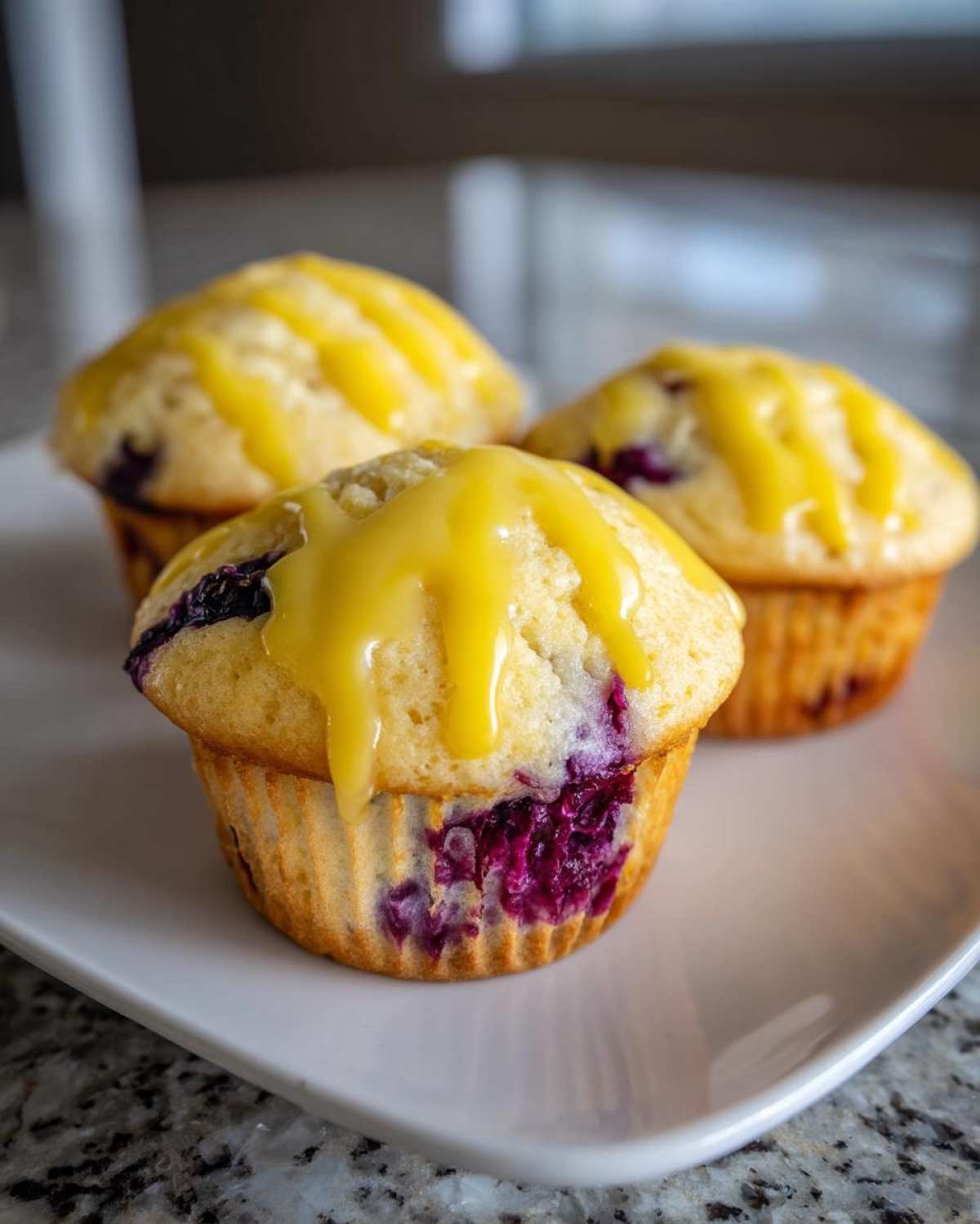 Three moist Lemon Blueberry Muffins topped with a thick, bright yellow lemon glaze, sitting on a white plate.