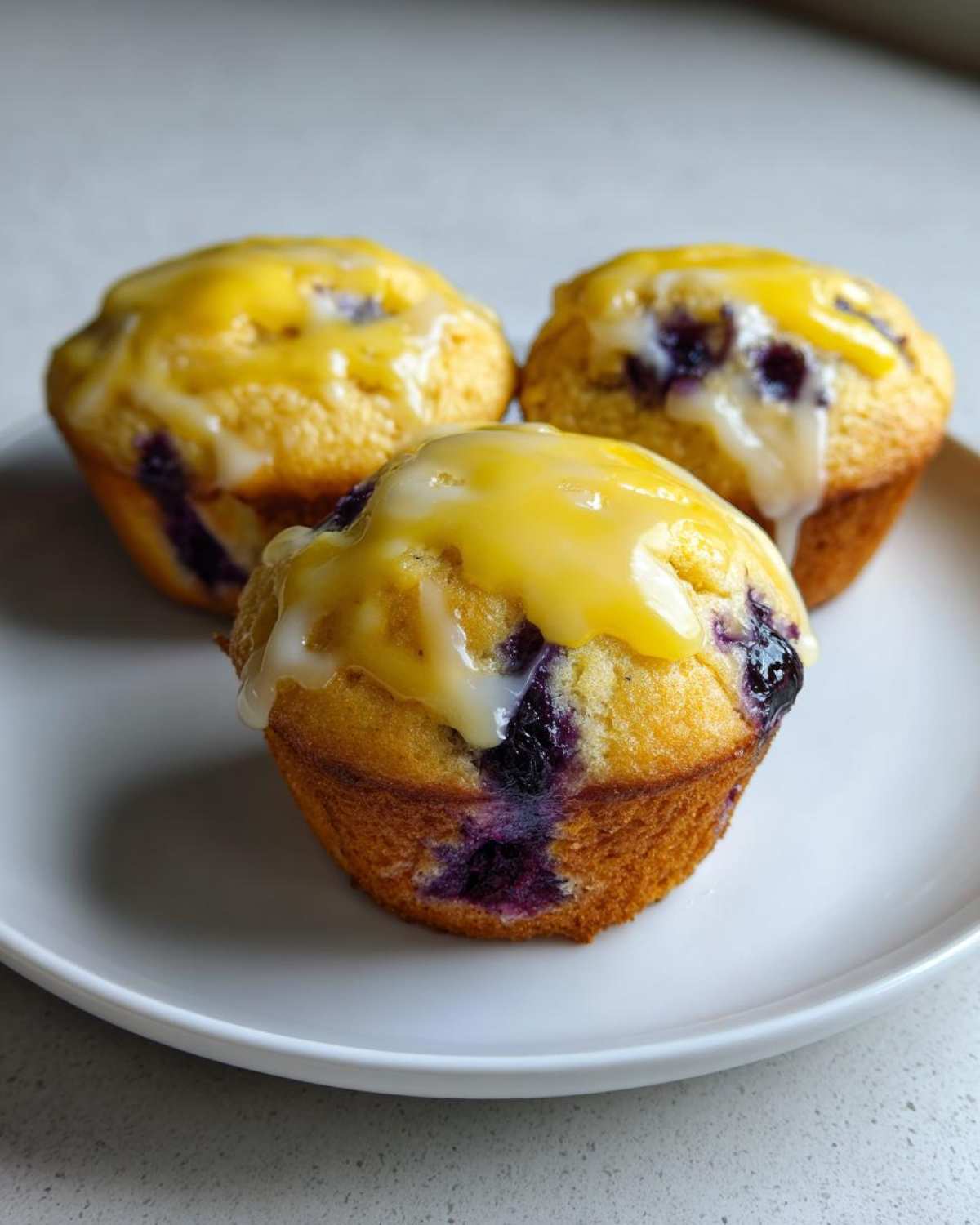 Three moist Lemon Blueberry Muffins topped with a bright yellow lemon glaze, resting on a white plate.