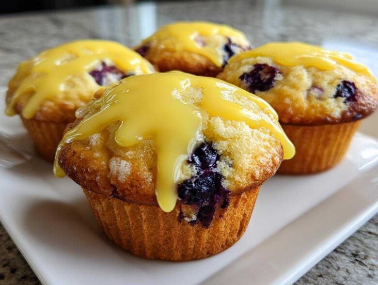 Four moist Lemon Blueberry Muffins topped with a thick, bright yellow lemon glaze, sitting on a white plate.