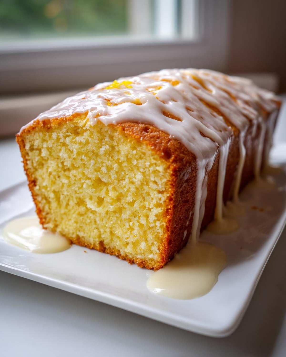 A close-up of a freshly baked Moist Lemon Loaf with a thick, white lemon glaze dripping down the sides onto a white platter.