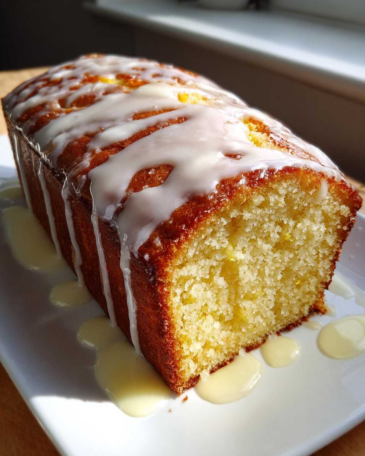 A close-up view of a golden-brown Moist Lemon Loaf cake, heavily drizzled with white lemon glaze.