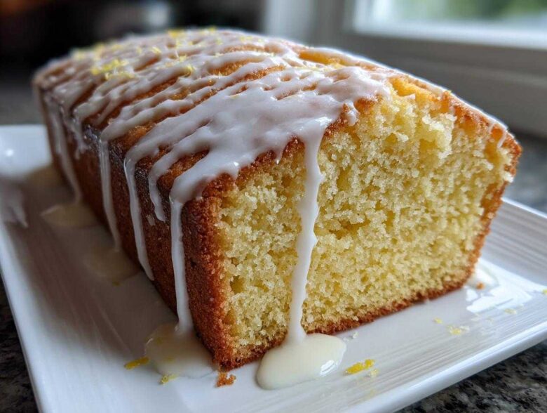 Close-up of a slice of Moist Lemon Loaf covered in thick white lemon glaze and zest.