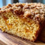 Close-up view of a slice of moist Peach Bread showing tender crumb and chunks of peach filling under a thick cinnamon streusel topping.