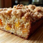 Close-up of a freshly baked loaf of Peach Bread showing moist interior and thick, sugary crumb topping.