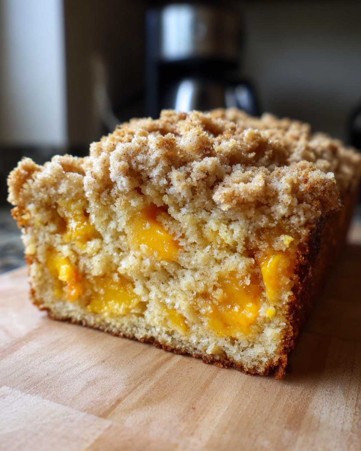 Cross-section of a loaf of moist Peach Bread showing chunks of fruit and a thick, sugary crumb topping.