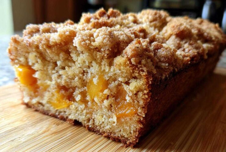 Close-up of a freshly baked loaf of Peach Bread showing moist interior and thick, sugary crumb topping.