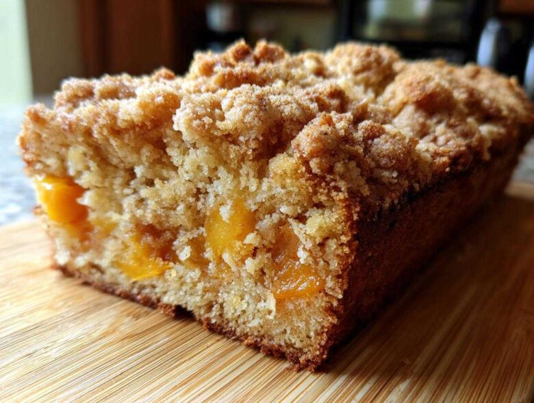 Close-up of a freshly baked loaf of Peach Bread showing moist interior and thick, sugary crumb topping.