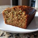 A close-up view of a freshly baked, moist Zucchini Bread loaf on a white plate.