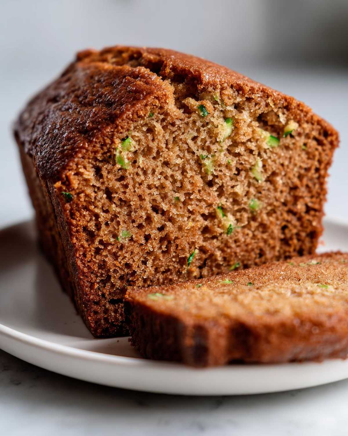Close-up of a freshly baked, moist Zucchini Bread loaf with one slice cut and resting in front.