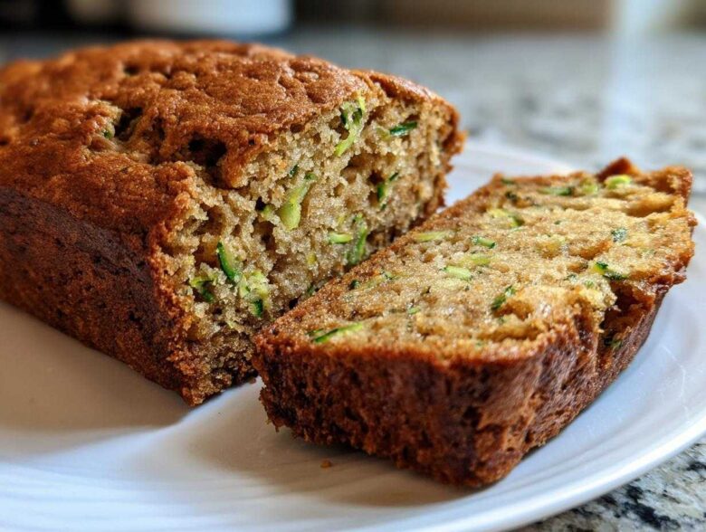 A close-up of a freshly baked, moist Zucchini Bread loaf with one thick slice cut and resting beside it on a white plate.