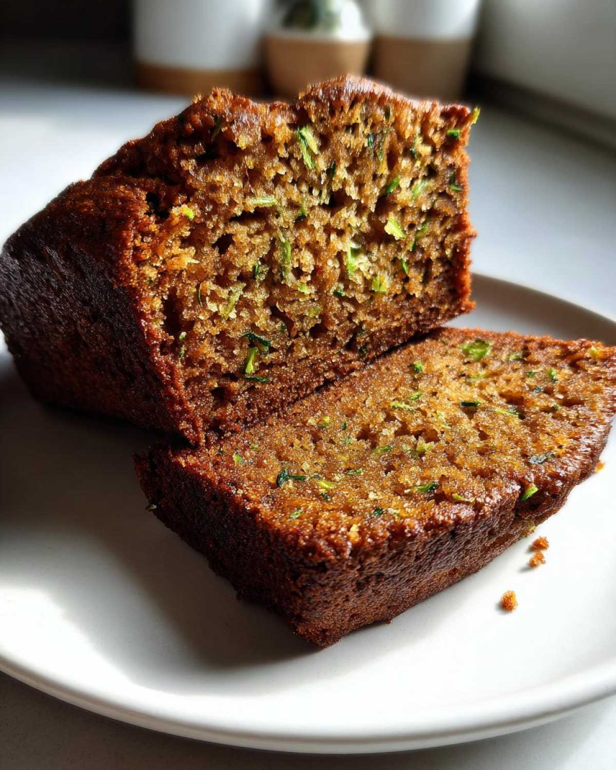 Close-up of a rich, dark brown slice of Zucchini Bread showing moist texture and flecks of green shredded zucchini.