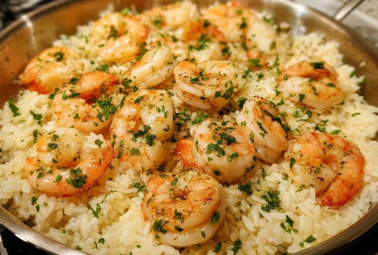 Close-up of One-Pan Garlic Shrimp and Rice garnished with parsley in a stainless steel skillet.