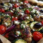 Close-up of a One-Pan Mediterranean Chicken Zucchini Bake with roasted chicken, zucchini, tomatoes, olives, and feta.