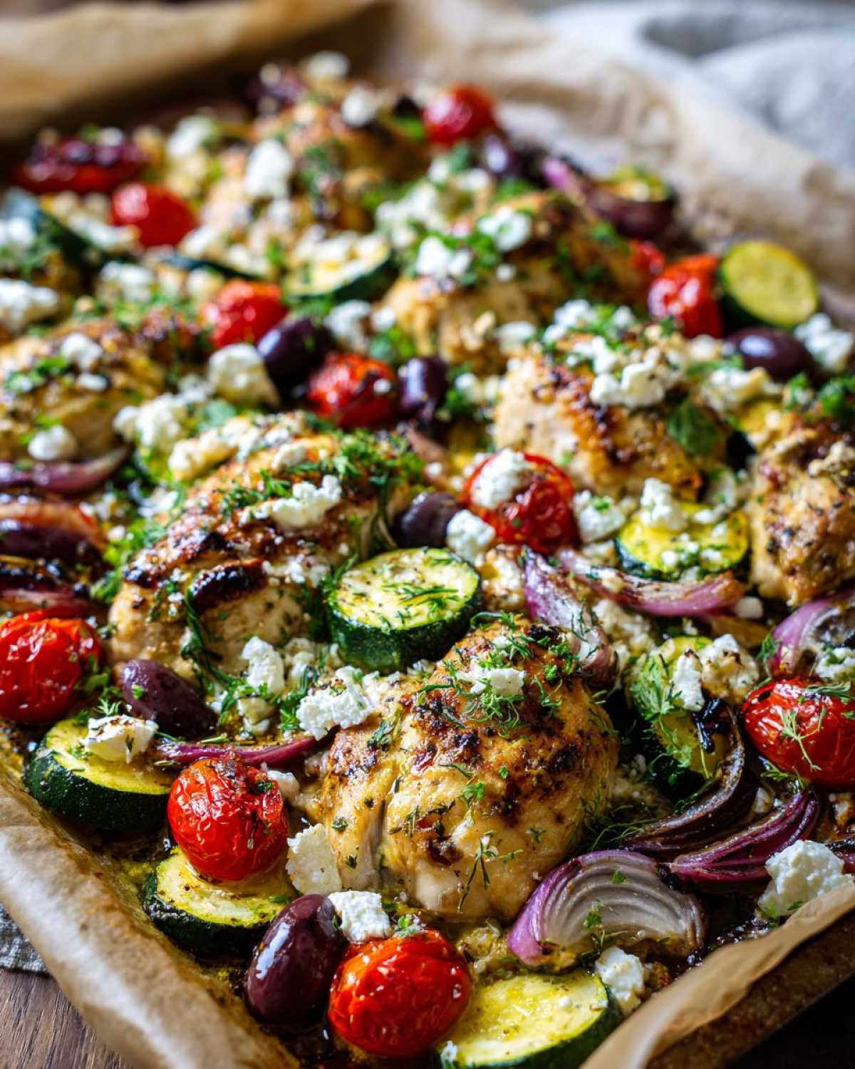 Close-up of a One-Pan Mediterranean Chicken Zucchini Bake with roasted vegetables and feta cheese.