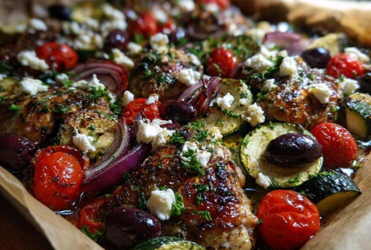 Close-up of a One-Pan Mediterranean Chicken Zucchini Bake with roasted chicken, zucchini, tomatoes, olives, and feta.