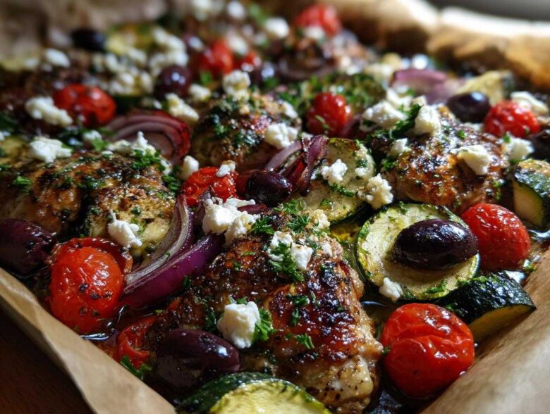 Close-up of a One-Pan Mediterranean Chicken Zucchini Bake with roasted chicken, zucchini, tomatoes, olives, and feta.