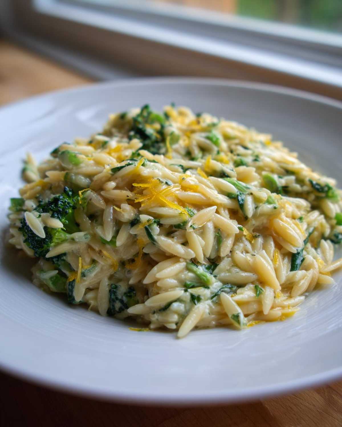 Close-up of creamy One Pot Broccoli Cheese Orzo topped with bright yellow lemon zest.