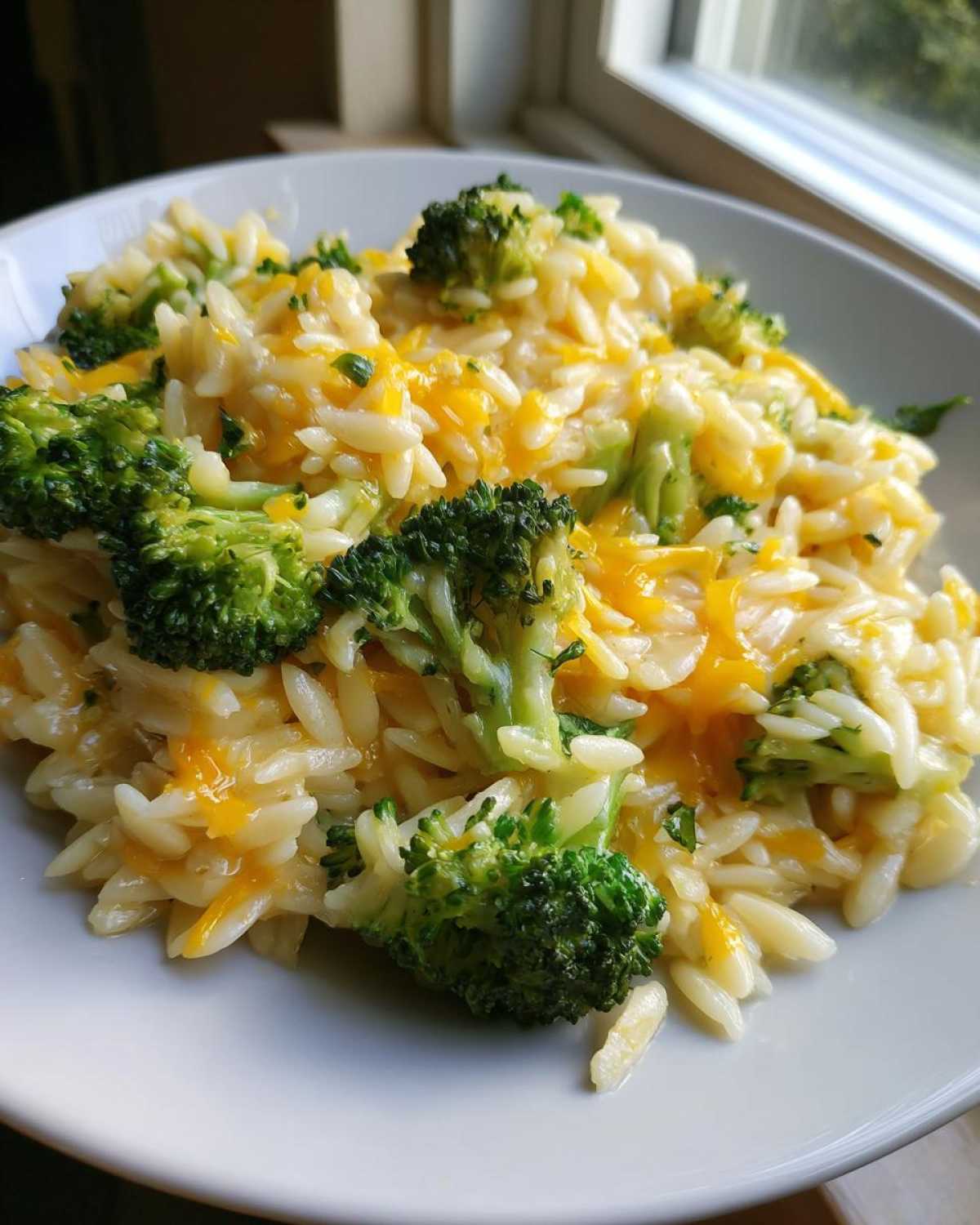 A close-up of creamy One Pot Broccoli Cheese Orzo topped with bright green broccoli florets and melted cheddar cheese.