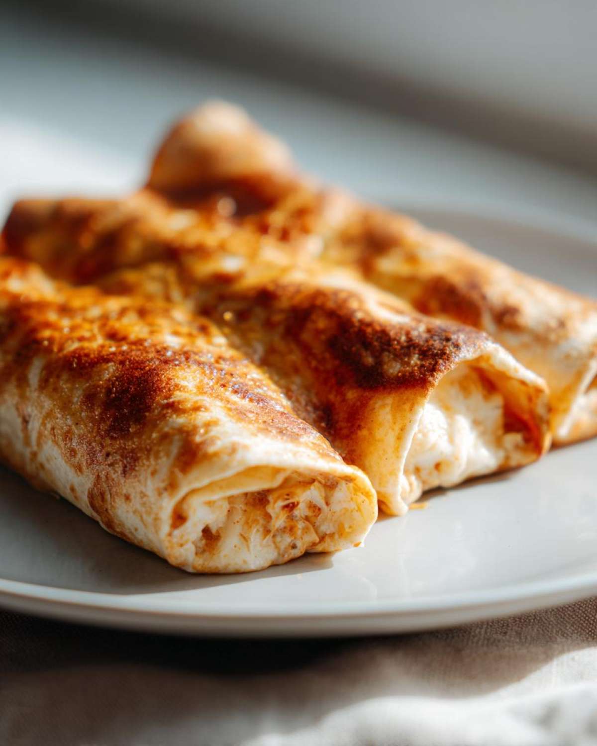 Close-up of three golden brown Oven Rolled Chicken Taquitos resting on a light gray plate.