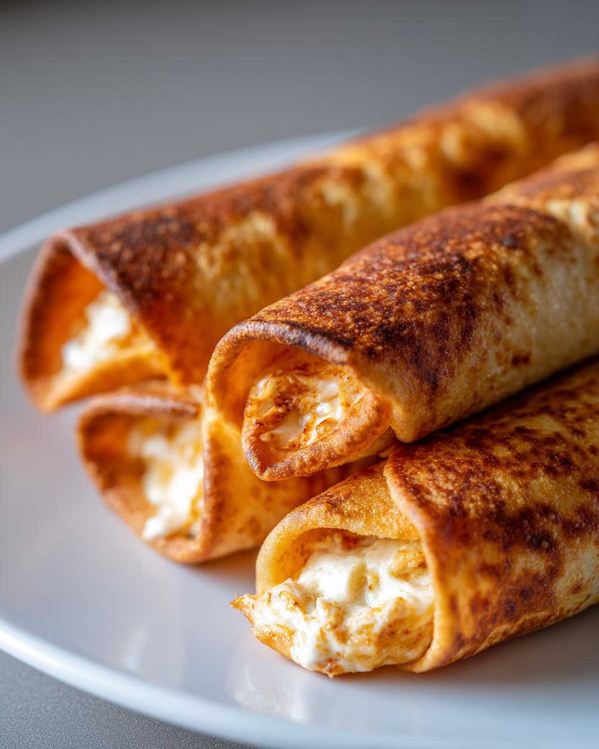 Close-up of golden, crispy Oven Rolled Chicken Taquitos showing the creamy chicken and cheese filling spilling out slightly.