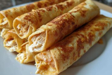 A close-up stack of golden brown Oven Rolled Chicken Taquitos showing the shredded chicken filling.