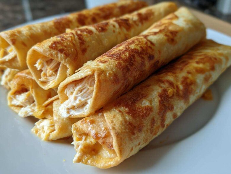 A close-up stack of golden brown Oven Rolled Chicken Taquitos showing the shredded chicken filling.