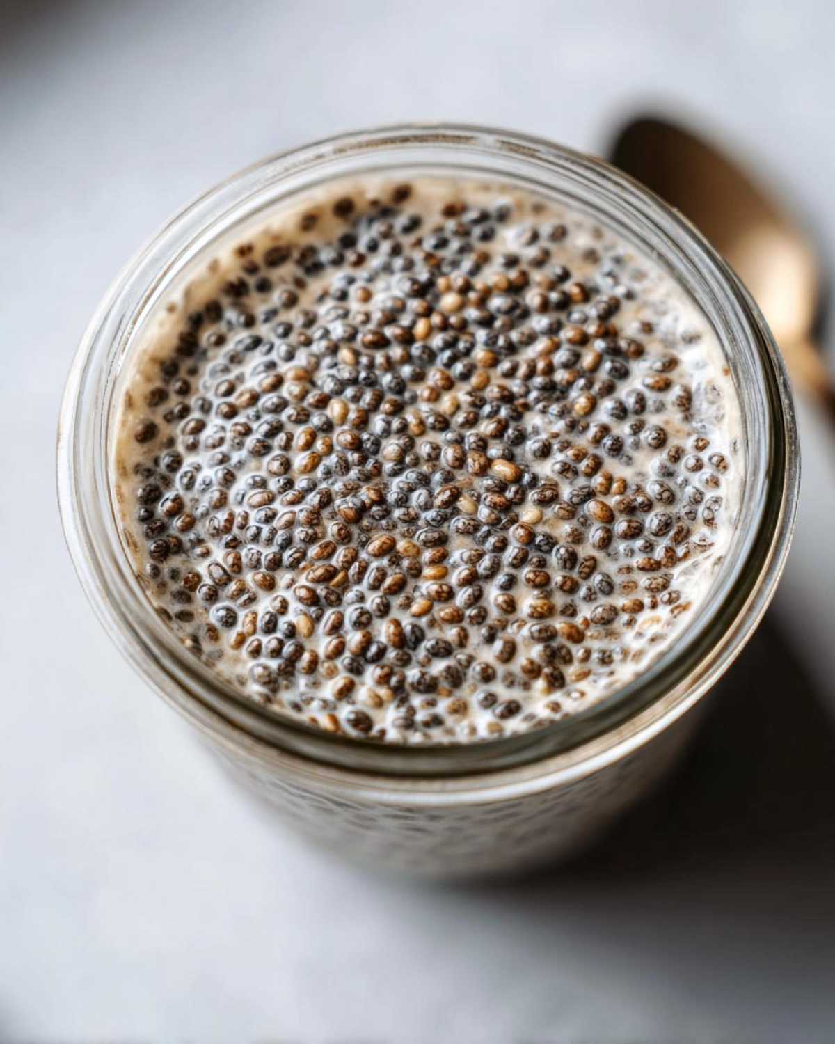 Close-up overhead view of prepared Chia Pudding showing swollen chia seeds suspended in creamy liquid inside a glass jar.