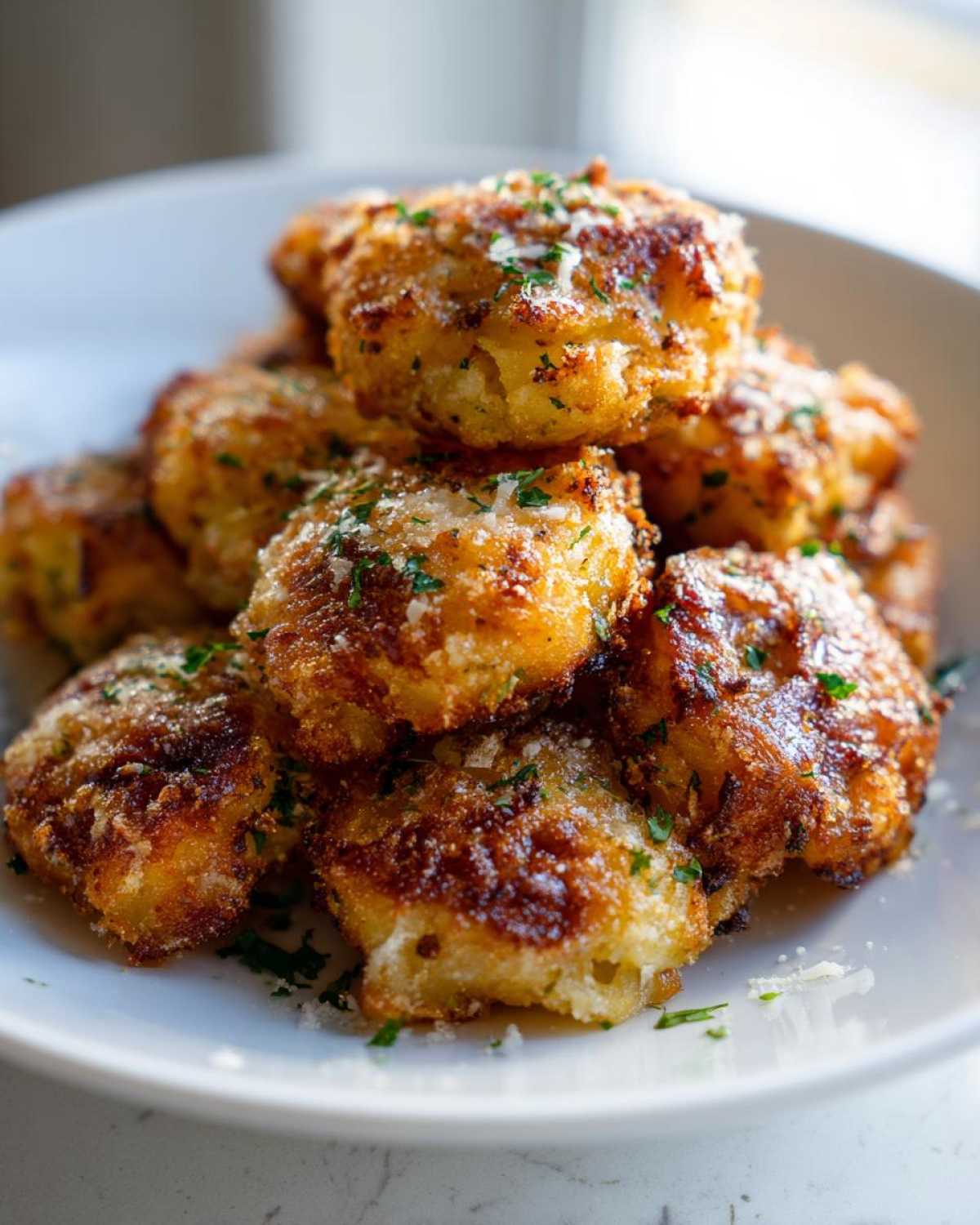 A pile of golden brown, crispy Parmesan crusted smashed potatoes topped with grated cheese and parsley.
