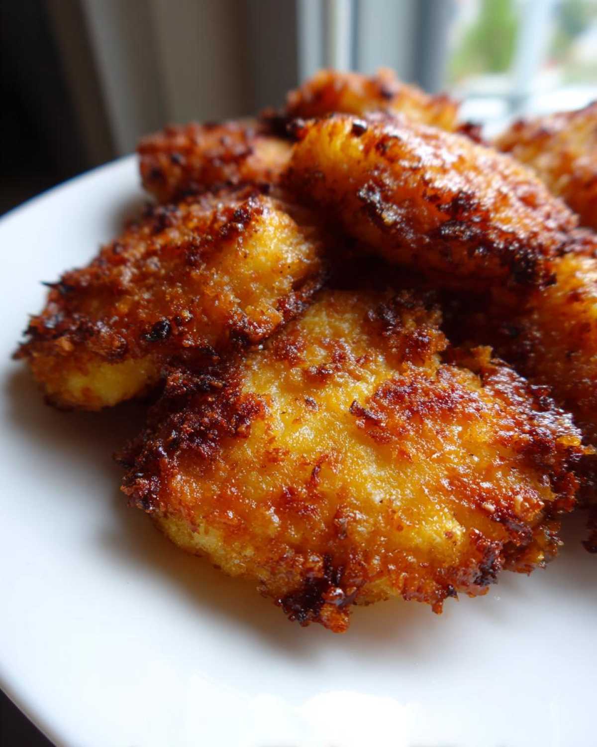 Close-up of golden brown, crispy Parmesan crusted smashed potatoes piled on a white plate.