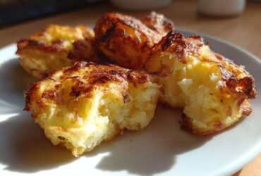 Close-up of golden brown, crispy Parmesan Crusted Smashed Potatoes on a white plate.