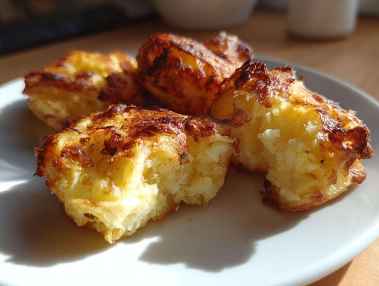 Close-up of golden brown, crispy Parmesan Crusted Smashed Potatoes on a white plate.