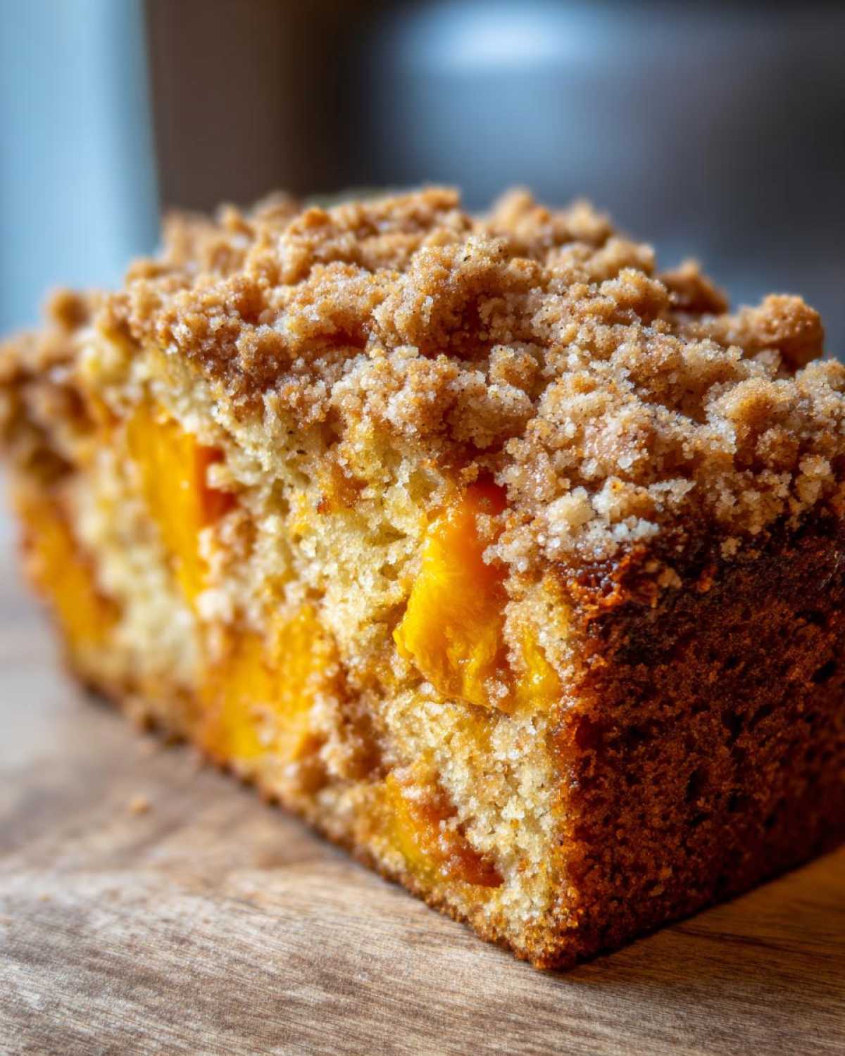 A close-up, macro shot of a slice of moist Peach Bread featuring visible chunks of bright orange peaches and a thick, sugary crumb topping.