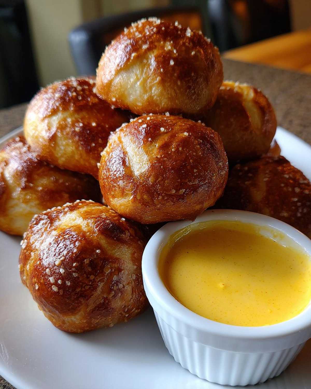 A stack of warm, golden-brown Pretzel Bites sprinkled with coarse salt, served next to a small white ramekin of bright yellow beer cheese dip.