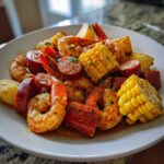 Close-up of a plate featuring shrimp, sausage, corn on the cob, and potatoes from a Quick Cajun Garlic Seafood Boil.