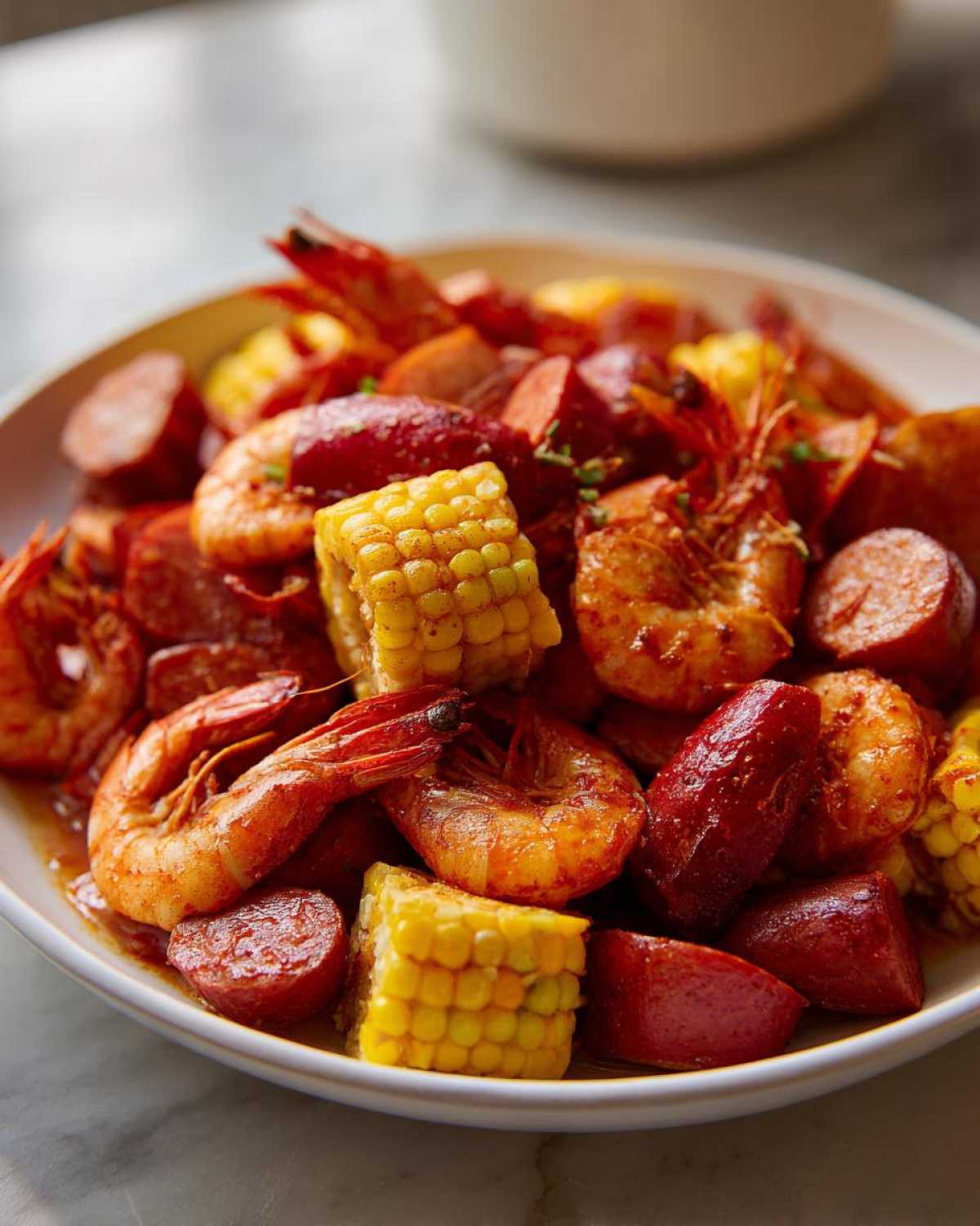 Close-up of a bowl filled with shrimp, corn on the cob pieces, and sausage slices from a Quick Cajun Garlic Seafood Boil.