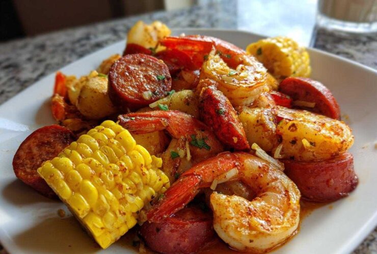 Close-up of a Quick Cajun Garlic Seafood Boil featuring shrimp, smoked sausage, corn on the cob, and potatoes.