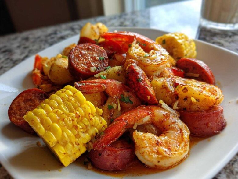 Close-up of a Quick Cajun Garlic Seafood Boil featuring shrimp, smoked sausage, corn on the cob, and potatoes.