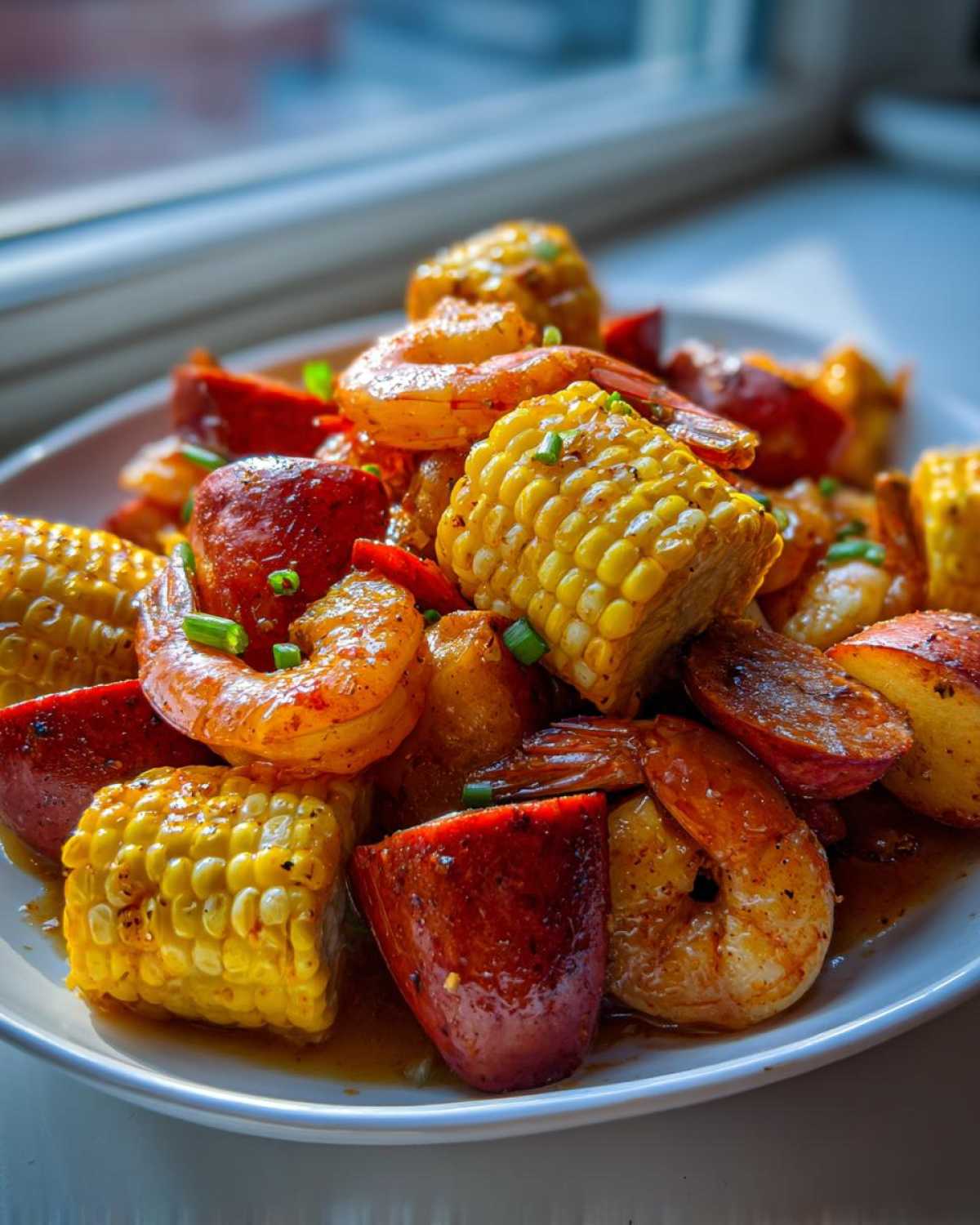 A close-up of a plate featuring shrimp, corn on the cob pieces, and sausage from a Quick Cajun Garlic Seafood Boil.