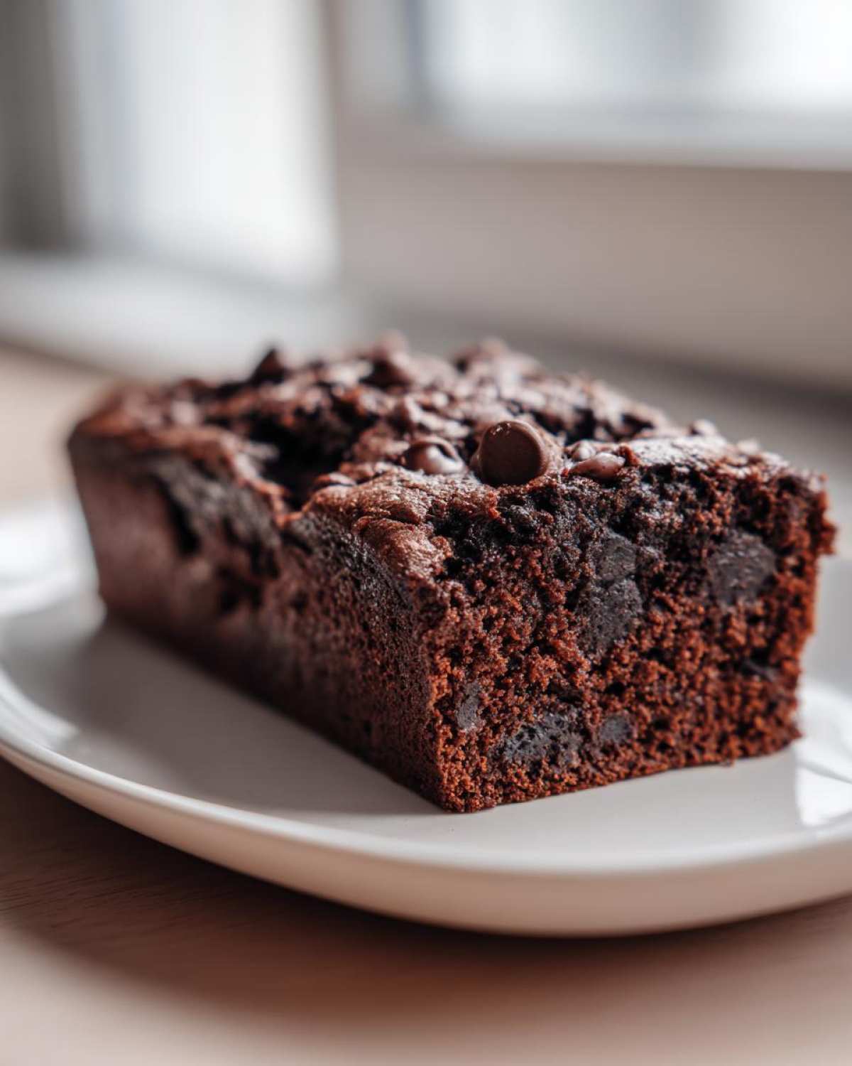 A close-up of a slice of Quick Fudgy Chocolate Banana Bread topped with melted chocolate chips on a white plate.
