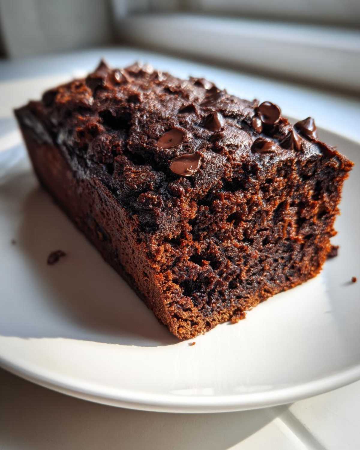 Close-up of a slice of Quick Fudgy Chocolate Banana Bread with melted chocolate chips on top, sitting on a white plate.