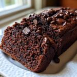 Close-up of Quick Fudgy Chocolate Banana Bread, sliced and topped with melted chocolate chips on a white plate.