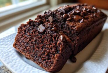 Close-up of Quick Fudgy Chocolate Banana Bread, sliced and topped with melted chocolate chips on a white plate.