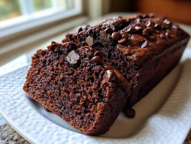 Close-up of Quick Fudgy Chocolate Banana Bread, sliced and topped with melted chocolate chips on a white plate.