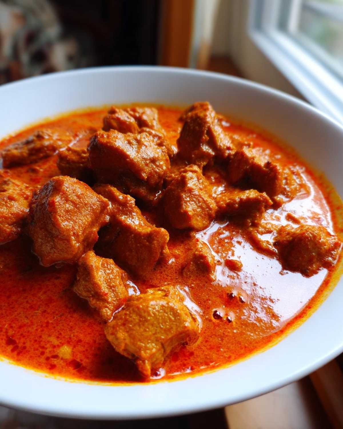 Close-up of tender chicken pieces swimming in a vibrant, orange-red creamy sauce of Butter Chicken.