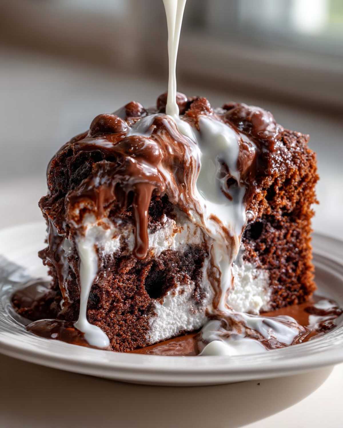 A slice of Rich Marshmallow Chocolate Poke Cake being drenched with white glaze over chocolate topping.