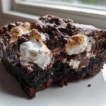 A decadent slice of Rich Marshmallow Chocolate Poke Cake showing gooey chocolate and toasted marshmallows on top.