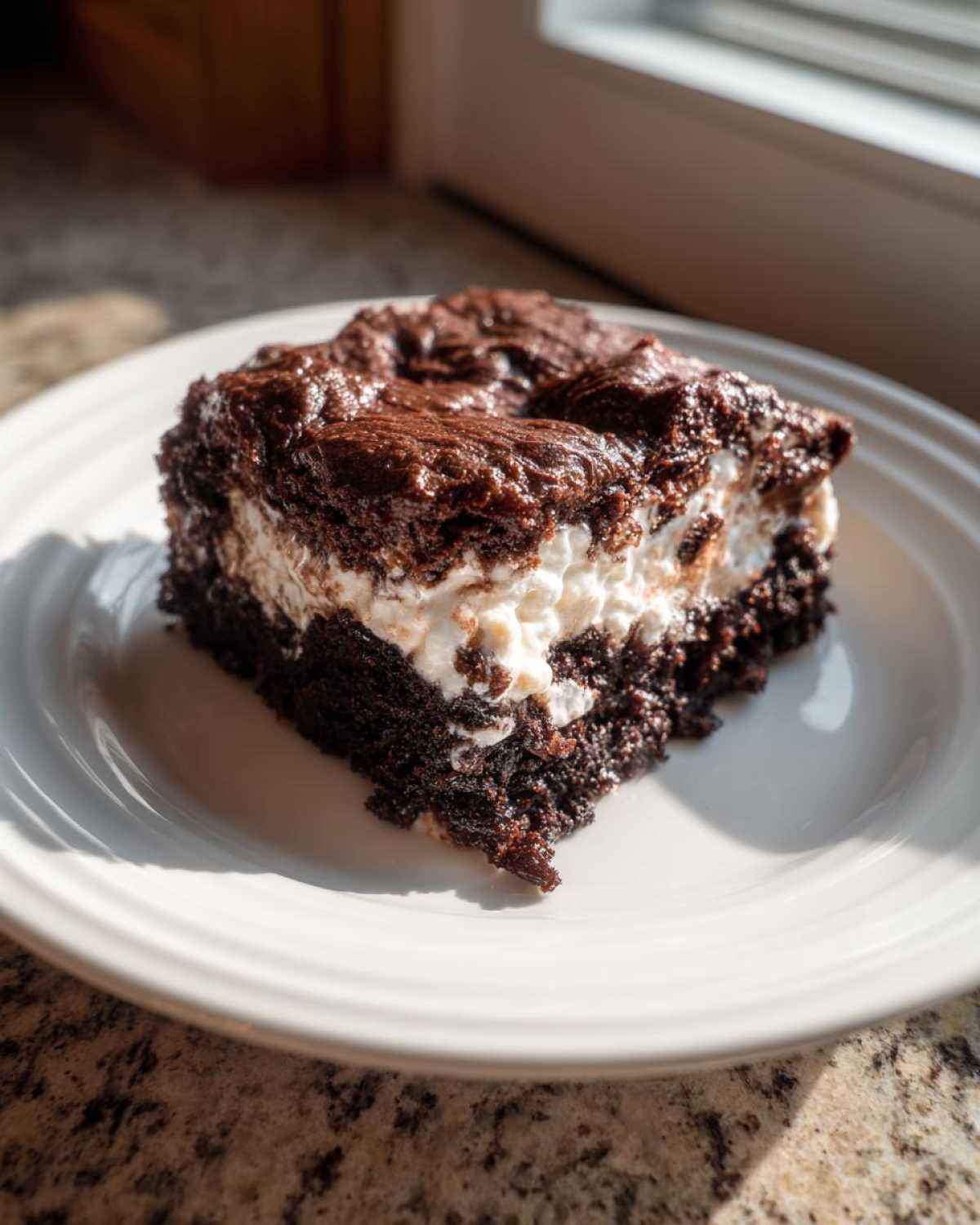 A single serving of Rich Marshmallow Chocolate Poke Cake showing layers of dark chocolate cake and white marshmallow filling.