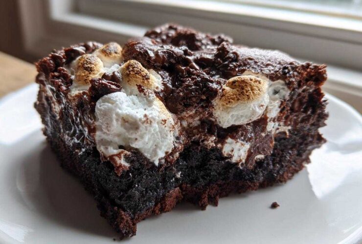 A decadent slice of Rich Marshmallow Chocolate Poke Cake showing gooey chocolate and toasted marshmallows on top.