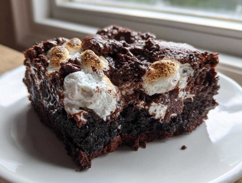 A decadent slice of Rich Marshmallow Chocolate Poke Cake showing gooey chocolate and toasted marshmallows on top.
