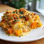 A generous serving of Rich Winter Vegetable Casserole featuring creamy sauce, orange squash cubes, and a golden, crispy breadcrumb topping.